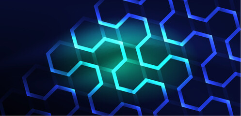 Hexagon abstract background. Techno glowing neon hexagon shapes vector illustration for wallpaper, banner, background, landing page, wall art, invitation, prints, posters
