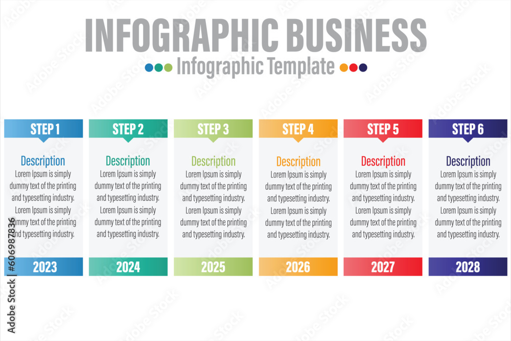 Poster concept of process with six 6 successive steps. six colorful graphic elements. timeline design for b