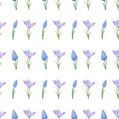 Simple vector pattern with blue, pink spring flowers
