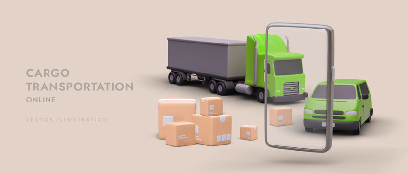 Cartoon 3d smartphone, green truck, parcels and car. Online order of fast goods delivery via mobile phone. Cargo transportation concept. Vector illustration with warm background
