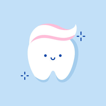 Cute happy smiling tooth with toothpaste hairstyle. Clear tooth concept. Brushing teeth. Dental kids care. Flat illustration on the theme of dentistry. Isolated vector.
