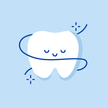 Cute cartoon tooth with dental floss. Kawaii shiny, healthy cartoon tooth cleaning himself with dental floss. Hand drawn cartoon sketch vector illustration. Mascot of child stomatology