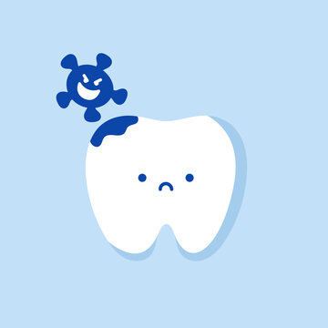 Illustration of tooth with bacteria in mouth. Cute tooth with caries and evil bacteria. Pediatric dentistry symbol. Tooth Character Cries Because of Germs. Cracked or Broken Teeth Illustration.
