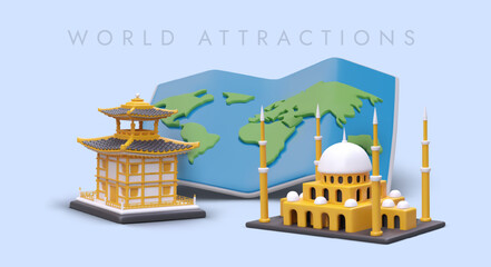Prominent world landmarks on background of 3D world map. Samples of beautiful oriental architecture. Poster for tourist site. Illustration for advertising brochures in cartoon style