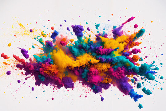 A colorful explosion of colored powder on a white background. Color splashes. Rainbow color paint explosion. Generative AI