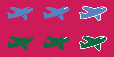 Airplane. Sticker or icon. Simple vector illustration. Blue and green colors. With and without white outline. Web interface icon.