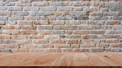 Brick wall with wooden floor the background space of the interior, wooden floor with Empty brick for background.
