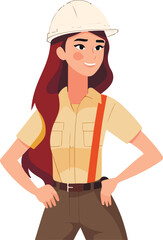 Cute young constructor woman in hard hat and uniform. Vector illustrations