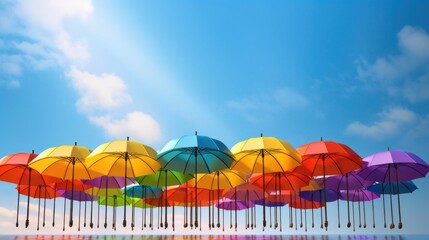 Beautiful colorful umbrellas against a deep blue sky. design and festive street decorations.Generative AI