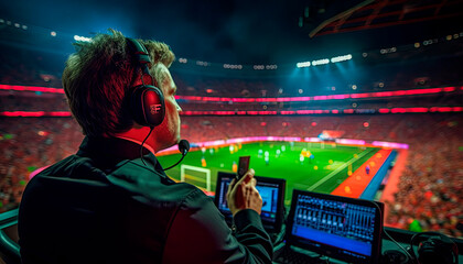 Football commentator of the final football match of the World Cup. Generative AI - obrazy, fototapety, plakaty