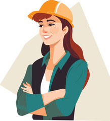 Cute young constructor woman in hard hat and uniform. Vector illustrations