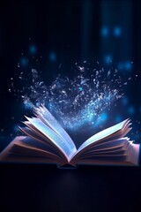 Open book with flying pages and rays of light on dark background, generative Ai