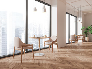 Panoramic white cafe interior with round tables and chairs