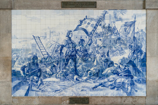 Portuguese tiles in Sao Bento railway station in Porto. Prince Henry the Navigator during the conquest of Ceuta scene
