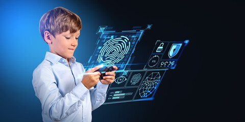 Boy with smartphone, fingerprint interface