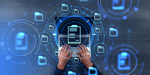 Businessman finger typing and document management system hologram