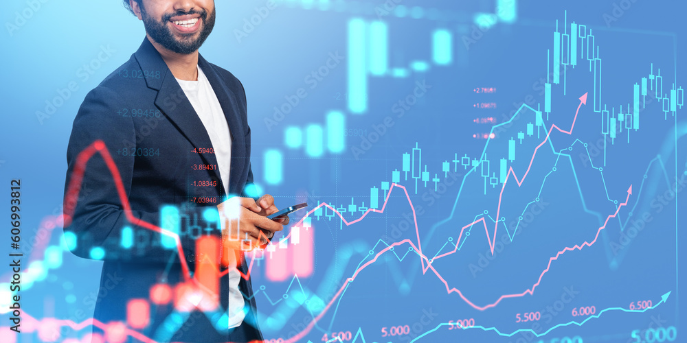Poster man with smartphone, digital graph