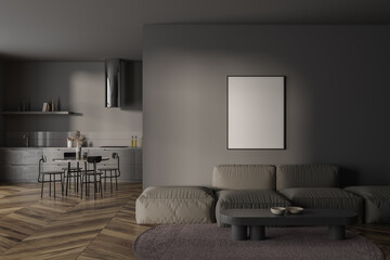 Gray living room and kitchen with poster