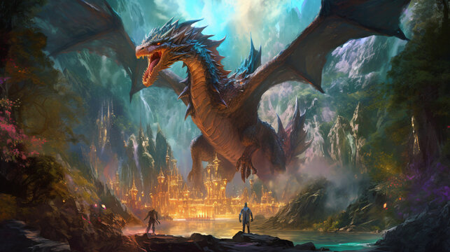 Landscape with dragon. Generative AI
