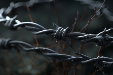 Barbed wire field closeup. Generate Ai - obrazy, fototapety, plakaty