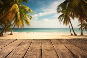 Wooden table and coconut trees on the beach. Blur background, generative Ai