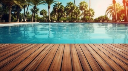 Swimming pool with palm trees and wooden floor. Summer background, generative Ai