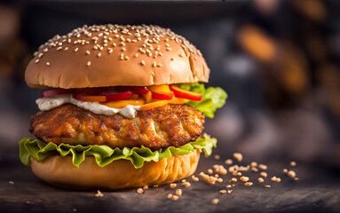 Burger with chicken crispy on black background