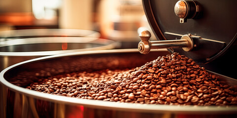 Fototapeta na wymiar Freshly roasted coffee beans from a large roaster in the cooling cylinder. Generative AI