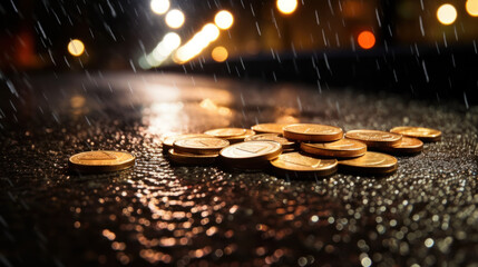 Nightfall Fortune: Euro Coins Gleaming on Rain-Soaked Asphalt. Generative AI