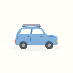 Car with suitcase on rooftop, car for camping illustration