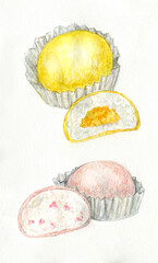 hand painted watercolor realistic mochi dessert food illustration on white background  - 606995860