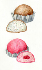 Berry and chocolate mochi desserts - watercolor food illustration on white 