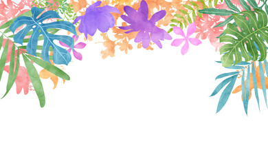 Colorful watercolor flora and leaves border background