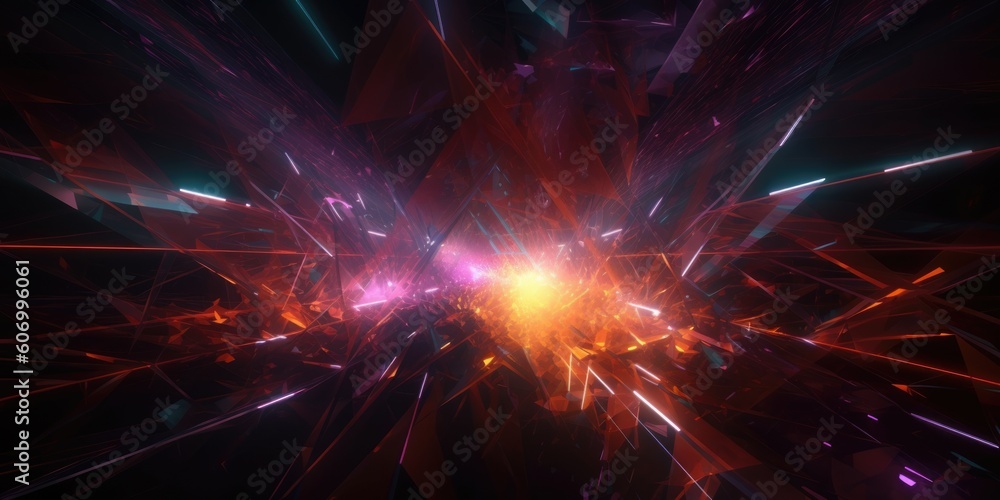 Poster cosmic background with colorful laser lights and broken fractal elements. generative ai aig21.