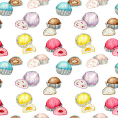 Seamless watercolor pattern with mochi japanese dessert isolated on white. Sweets cakes repeating background 