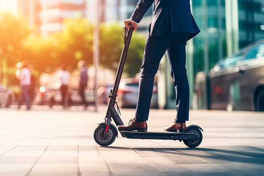 Young business man in a suit riding an electric scooter. Generative AI 