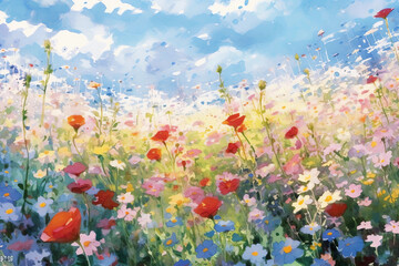 Fototapeta na wymiar watercolor poppies and blooming flowers