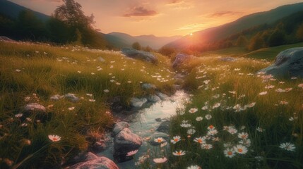field of daisies with beautiful sunset sky. Generative AI