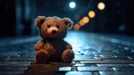 Nostalgic Reflections: A Teddy Bear's Solitude on Rain-Soaked Asphalt at Night. Generative AI
