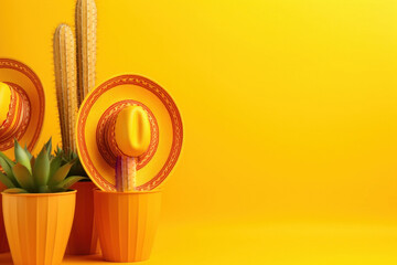 Cinco de Mayo holiday background made from maracas, cactus and hat on yellow background. Generative AI