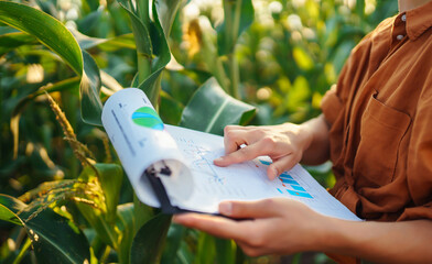 A farmer woman stands in a field and inspects a green corn plantation. Agricultural industry....