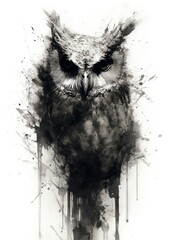  a black and white photo of an owl with paint splatters on it's face and eyes, with a white background and a black and white background.  generative ai