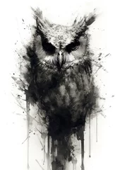 Fotobehang Uiltjes  a black and white photo of an owl with paint splatters on it's face and eyes, with a white background and a black and white background.  generative ai