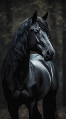 Fototapeta na wymiar a black horse standing in a forest with its head turned to the side and it's head turned to the side, with trees in the background. generative ai