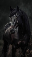 Obraz na płótnie Canvas a black horse standing in a field with a black background and a dark sky in the background, with a single horse standing in the foreground. generative ai