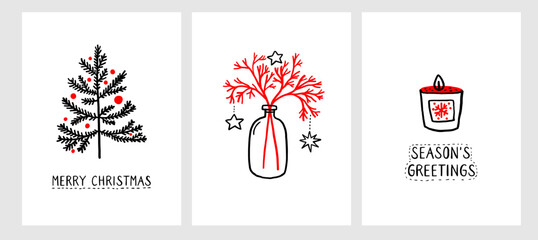 Christmas cards set, minimalist line drawings of Christmas tree, branches in vase, seasonal greetings candle. Vector black, white and red simple modern illustrations, - 606998081