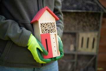 Spring home garden. A bee house held by a person.