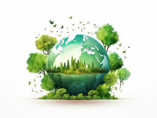 Invest in our planet. Earth day 2023 concept background. Ecology concept. Design with globe map drawing and leaves isolated on white background