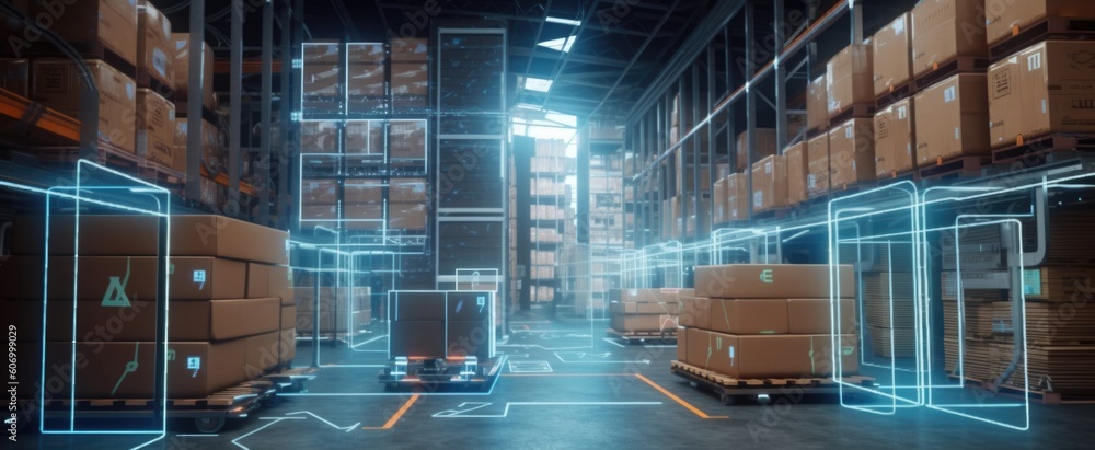 Poster smart warehouse with transporter robots and holographic dashboard. generative ai aig21.
