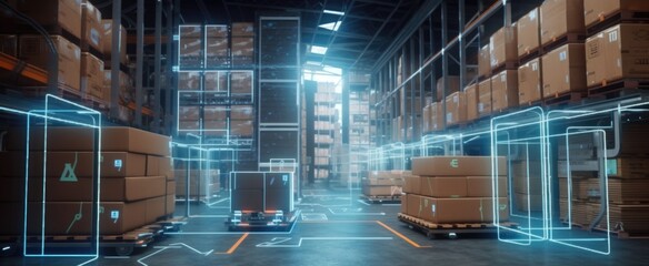 Smart warehouse with transporter robots and holographic dashboard. Generative AI AIG21. - obrazy, fototapety, plakaty